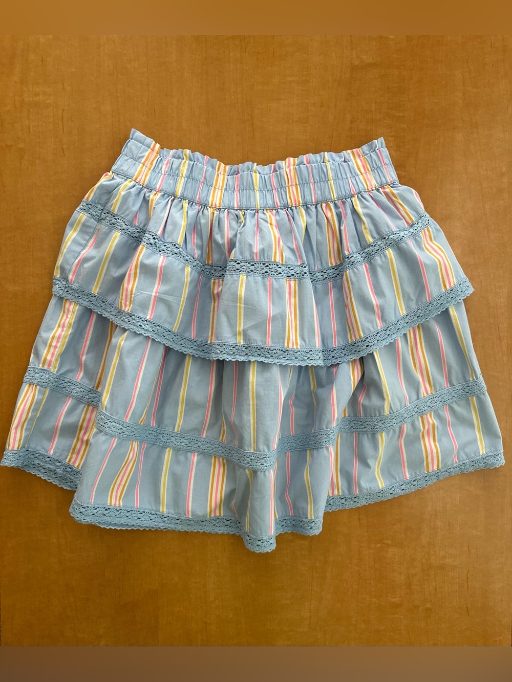 Crown & Ivy Pastel Blue Multi Stripe Elastic Waist Tiered Skirt Size M